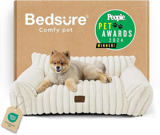Bedsure Cute Cat Couch for Pets - Fluffy Dog Bed Medium Size Dog with Premium Soft Corduroy Fleece, Pet Sofa with Removable Washable Cover, Supportive Couch Bed for Small Medium Dogs, 30inch, Cream