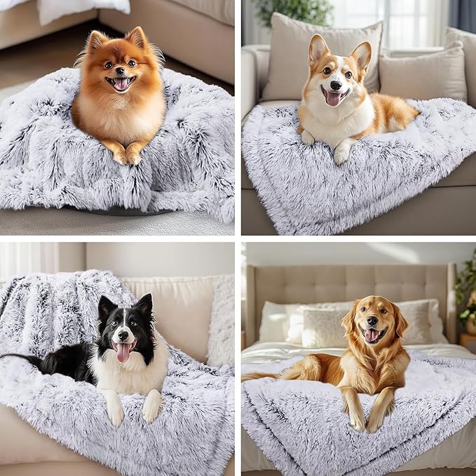 Luciphia Large Waterproof Dog Blanket for Pet Washable Liquid Proof Bed Intimacy Protection Shaggy Plush Calming Long Faux Fur Couch Cover Calming Cat Throw Blankets, Mist Grey, 50" x 60"
