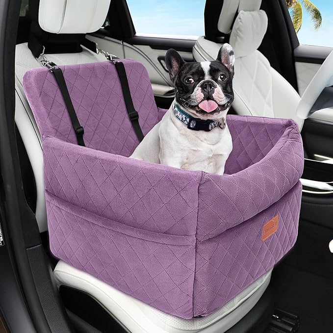 Small Dog Car Seat, Memory Foam Dog Booster Seats with Thick Cushion for Medium Dogs Under 35lbs, Detachable Washable Pet Car Seat Bed with Storage Pockets,2 Safety Belts Purple