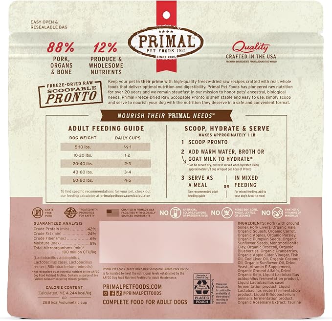 Primal Freeze Dried Dog Food, Pronto Mini Nuggets, Pork; Scoop & Serve, Complete & Balanced Meal; Also Use As Topper or Treat; Premium, Healthy, Grain Free, High Protein Raw Dog Food (16 oz, 2-Pack)