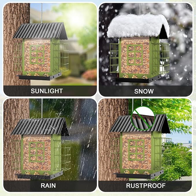 Bird Feeders for Outdoors Hanging, Metal Bird Feeder with Double Suet Cage Cake, Large Capacity, Birdfeeders Sturdy & Weatherproof, Easy to Clean & Refill, Great for Attracting Wild Birds