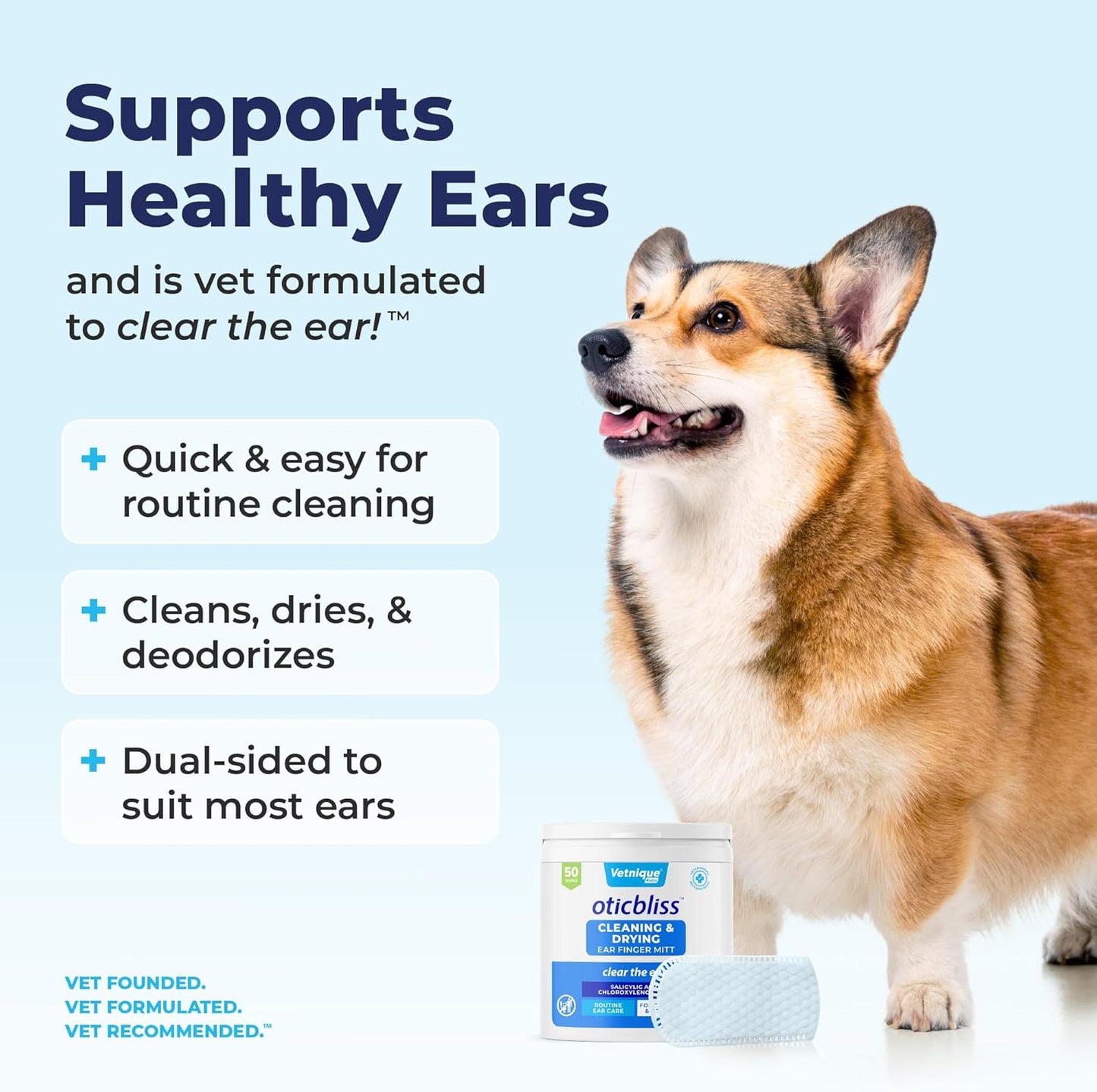 Vetnique Oticbliss Ear Finger Wipes for Dogs & Cats Dual-Sided Cleaning Dog Ear Wipes for Odor Control, Dirt & Wax Removal with Soothing Aloe, Salicylic Acid & Aloe Vera, 50ct