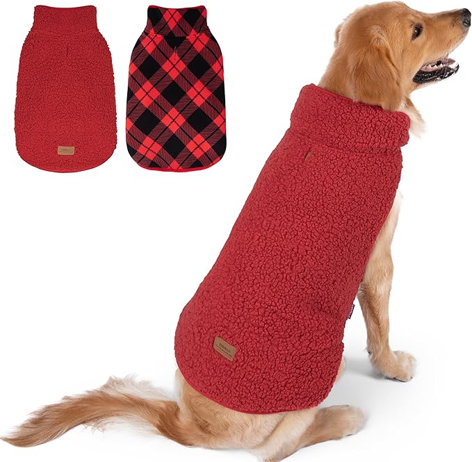 cyeollo 2XL Dog Coat, Sherpa Winter Dogs Sweater Warm Fleece Doggie Coats Turtleneck Reversible Jackets for Small Medium Large Dogs with Leash Hole, Soft Cold Weather Vest, Buffalo Plaid XXL