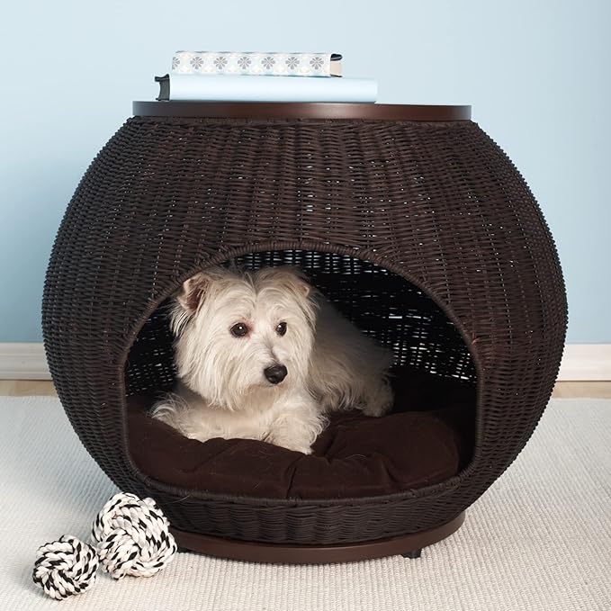 Igloo Indoor Dog Bed & Cat Bed in Espresso, Multipurpose Pet Bed with Table Top, Claw-Proof Faux Rattan is Easy to Clean, Includes Washable & Replaceable Covered Cushion