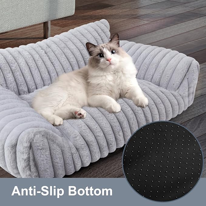 Cute Cat Couch Bed for Indoor Cats, Fluffy Pet Cat Sofa with Premium Soft Corduroy Fleece, Cute Small Dog Beds for Small Dogs, Fuzzy Puppy Chair with Removable Washable Cover (24x18x10,Grey)