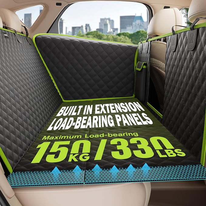 Dog Car Seat Cover for Back Seat, Waterproof & Scratch-Resistant Leather Fabric Back Seat Extender for Dogs, Car Window Fixing for Maximum Car Protection, Support to 330 lbs, for Cars/SUV/Trucks