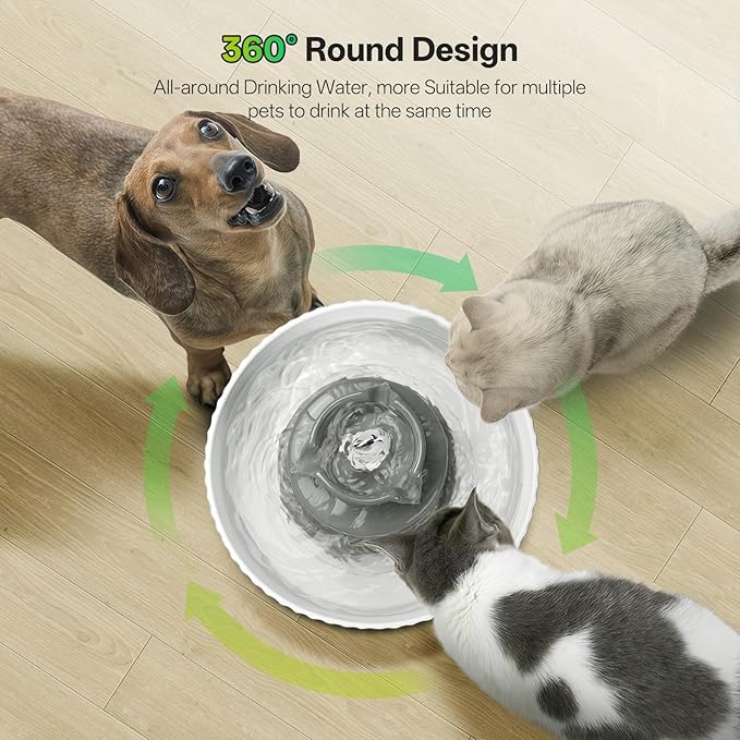 Ceramic Cat Water Fountain, 2.1L/70oz Porcelain Pet Drinking Dispenser with 4 Set Replacement Filter & Sponge, Automatic Dog Water Bowl with Ultra-Quiet Pump, Cat Feeding Watering Supplies(Grey)