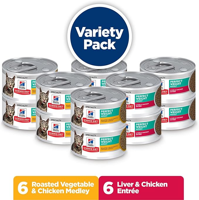 Hill's Science Diet Adult 1-6 Perfect Weight Wet Cat Food, Variety Pack: Liver & Chicken Minced; Chicken Stew, 2.9 oz. Cans, 12-Pack