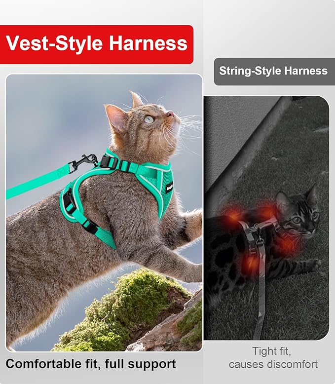 Cat Harness and Leash for Walking Escape Proof Soft Adjustable Cat Leash Breathable Comfortable Vest Easy to Wear Kitten Harness for Outdoor Travel Emerald XS