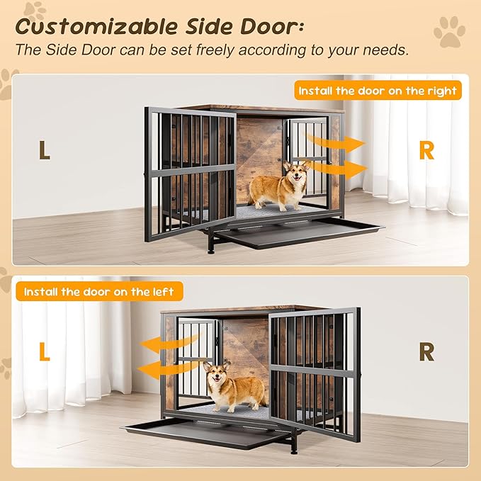 Rustic Medium Dog Cage Furniture, Brown Wooden Dog Crate Kennel Furniture, Decorative Dog House Indoor End Table for Small Medium Dog