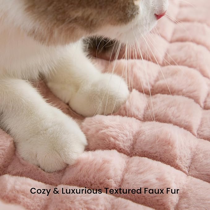 Cute Cat Couch Bed – Supportive & Fluffy Pet Sofa with Faux Rabbit Fur Washable Cover in 3D Diamond Pattern, 24" Pink