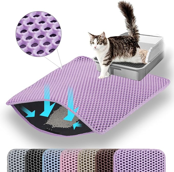 Extra Large Cat Litter Mat, 30x22 Inches Honeycomb Double Layer Cat Litter Trapping Mat, Non Slip Waterproof Urine Proof Large Kitty Litter Box Mat for Floor, Kitten Supplies, XL, Purple