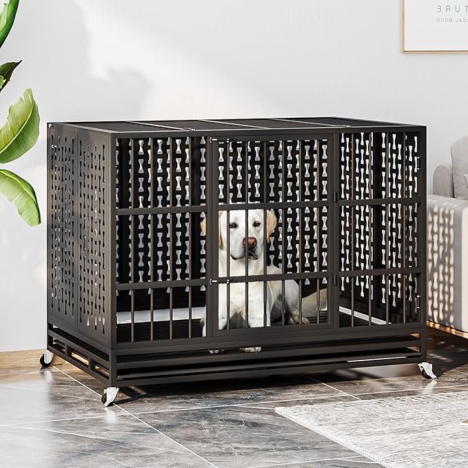 LEMBERI 48/42/38 inch Indestructible Heavy Duty Dog Crate, High Anxiety Extra Large Dog Cage for Large Dogs, XL Steel Escape Proof Dog Kennel with Wheels and Removable Tray