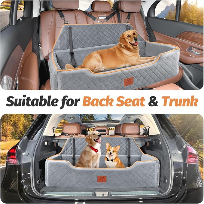 XIEAEOZEE Dog Car Bed for Large/Medium Dogs, Comfortable Pet Booster for Back Seat, Detachable & Washable Travel Seat with Thick Cushion (Gray)