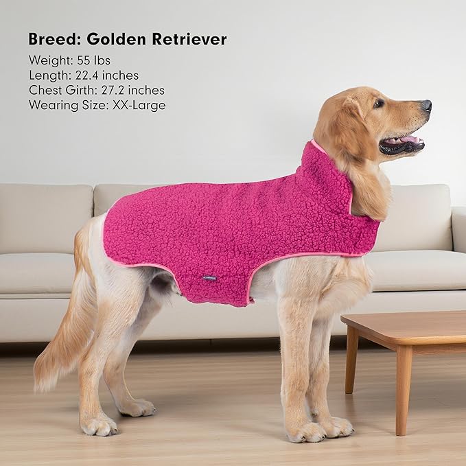 cyeollo 2XL Sherpa Dog Coat, Turtleneck Reversible Fleece Dog Vest Soft Doggy Sweater Thick Doggy Clothes for Cold Weather Winter Jacket Warm Dogs Coats for Medium Large Dogs, Fuchsia XXL