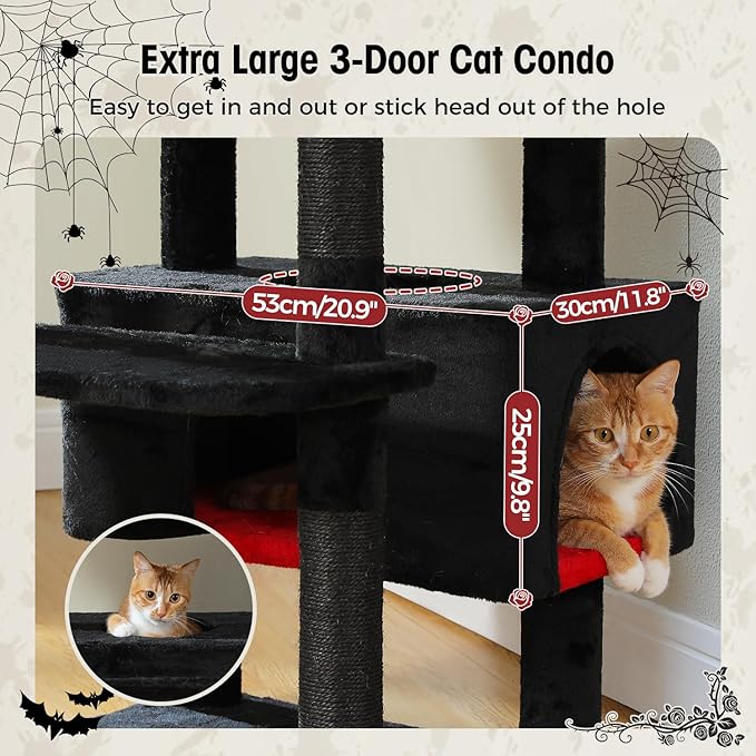 PAWZ Road Large Cat Tree, 72 Inches Gothic Cat Tower for Large Cats, Cat Condo with Sisal-Covered Scratching Posts and Pads, 2 Padded Perch, Dual Condo and Basket for Indoor Cats-Black