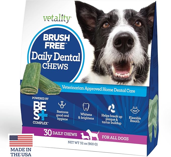 Brush Free Daily Dental Care Chews for Dogs | Cleans Teeth and Freshens Breath | 30 Count | B.E.S.T. Complex Provides Complete Oral Cleaning and Tartar Control