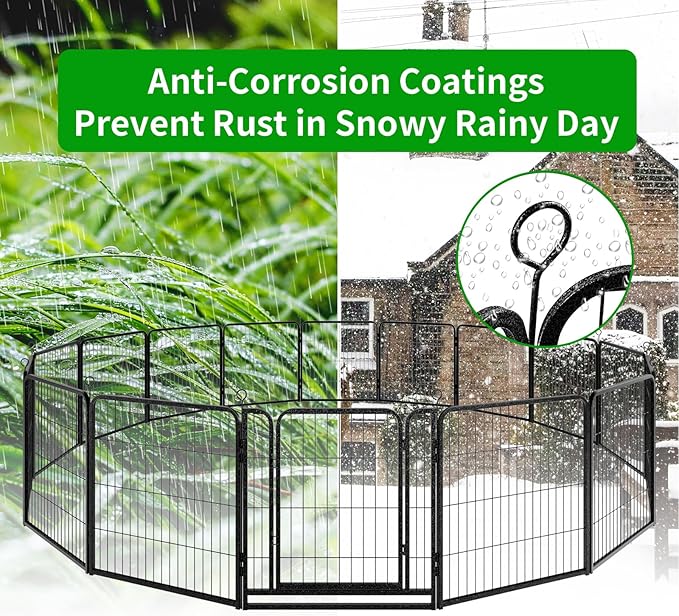 Dog Playpen Outdoor Extra Wide 16 Piece Panels Heavy Duty Dog Fence 32" Height Anti-Rust with Doors Portable for RV Camping Yard, Total 42FT, 140 Sq.ft, Snowy Black
