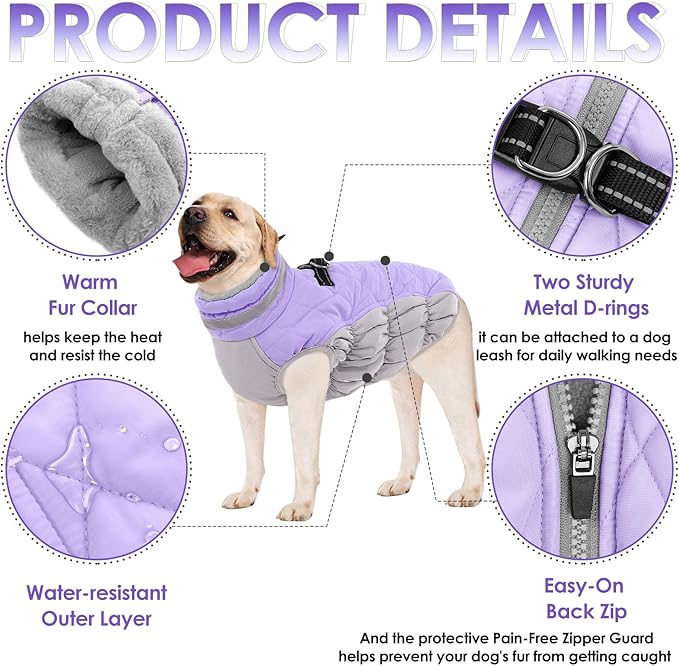 AOFITEE Dog Coat, Warm Dog Winter Coat for Small Dogs, Reflective Turtleneck Dogs Jacket with Harness Built in, Waterproof Windproof Pet Fleece Vest Snow Jacket for Cold Weather, Lilac S