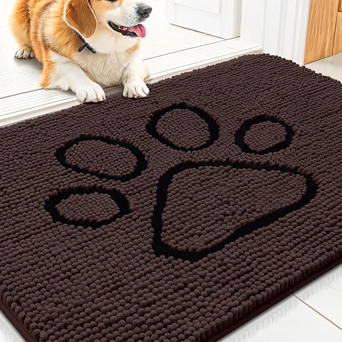Smiry Dog Door Mat for Muddy Paws, Absorbent Dirt Trapper Non Slip Quick Dry Washable Chenille Mat for Mud Dogs, Entry Rug for Indoor and Outdoor (30x20 Inches, Brown and Black)