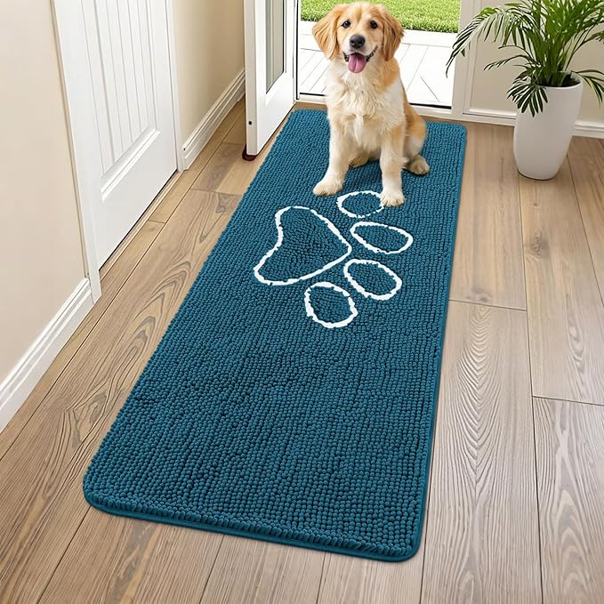 Smiry Dog Door Mat for Muddy Paws, Absorbent Dirt Trapper Non Slip Quick Dry Washable Chenille Mat for Mud Dogs, Entry Rug for Indoor and Outdoor (59x24 Inches, Atlantic Blue)