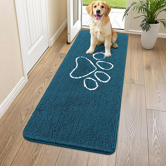 Smiry Dog Door Mat for Muddy Paws, Absorbent Dirt Trapper Non Slip Quick Dry Washable Chenille Mat for Mud Dogs, Entry Rug for Indoor and Outdoor (59x24 Inches, Atlantic Blue)