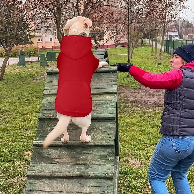 Dog Sweaters for Large Dogs,Dog Hoodie,Warm Fleece Sweatshirt with Hood & Pocket,Leash Hole,Cozy Cold Weather Pet Clothes Sweater Hoodie for Large Dogs(Red,L)