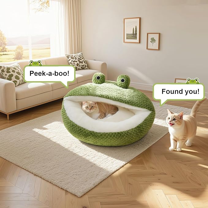 CWV Cute Cat Beds Kitten Beds, Soft Small Dog Beds, Washable Pet Beds for Puppy and Kitty, Funny Frog Cat Cave, 23 Inches