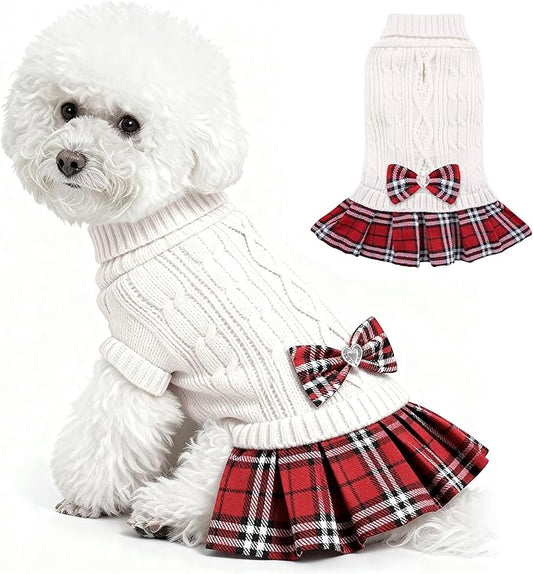 WOYYHO Girl Dog Sweater Dress with Bowtie Turtleneck Small Dogs Sweater with Leash Hole, Knitted Small Dog Sweaters Dress Puppy Winter Clothes for Yorkies Chihuahua (Medium, White)