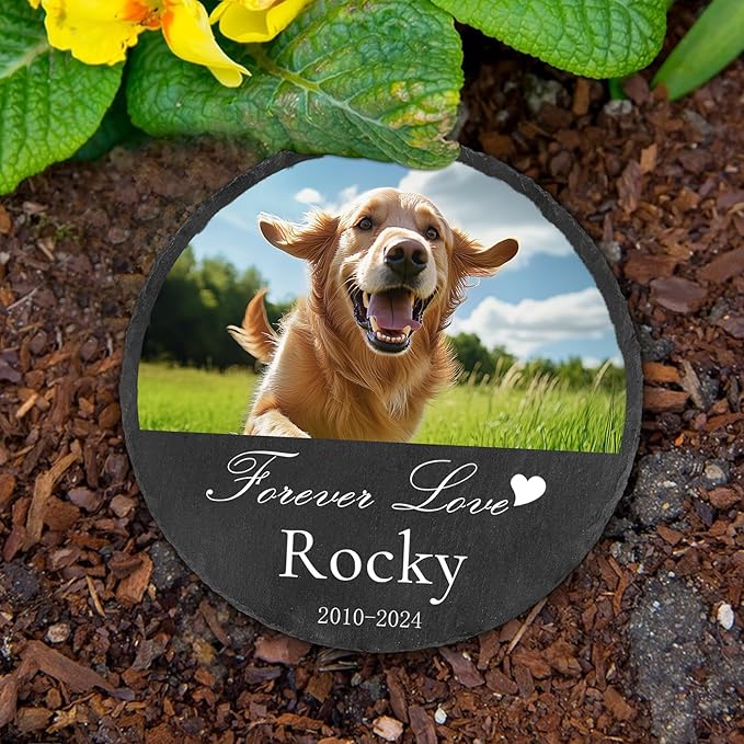 Ships Next Day Personalized Pet Memorial Stone for Loss of Dog Cat, Custom Photo Name Memory Headstone Garden Grave Marker Bereavement Sympathy Gift