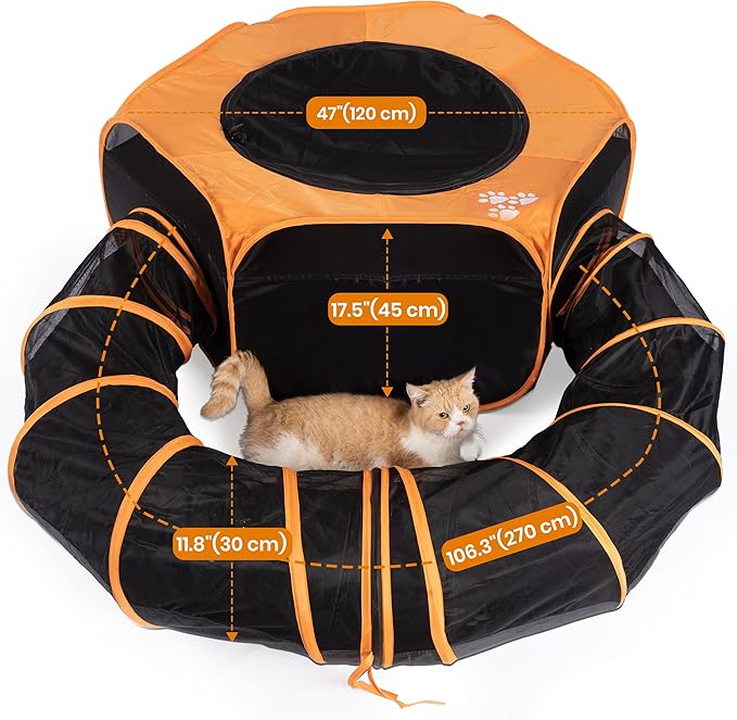 Cat Tent & Tunnel Enclosure – 47" Outdoor Playpen with 106" Tunnel, Water-Resistant Mesh, Zipper Door & Carry Bag – Portable Catio for Cats, Rabbits & Small Pets