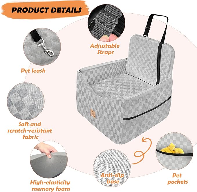 Dog Car Seat for Small and Medium Dogs Up to 35 lbs –Memory Foam Dog Booster Seat with Safety Leash & Storage Pockets, Fits Front & Back Car Seats, Removable Washable Cover – Gray