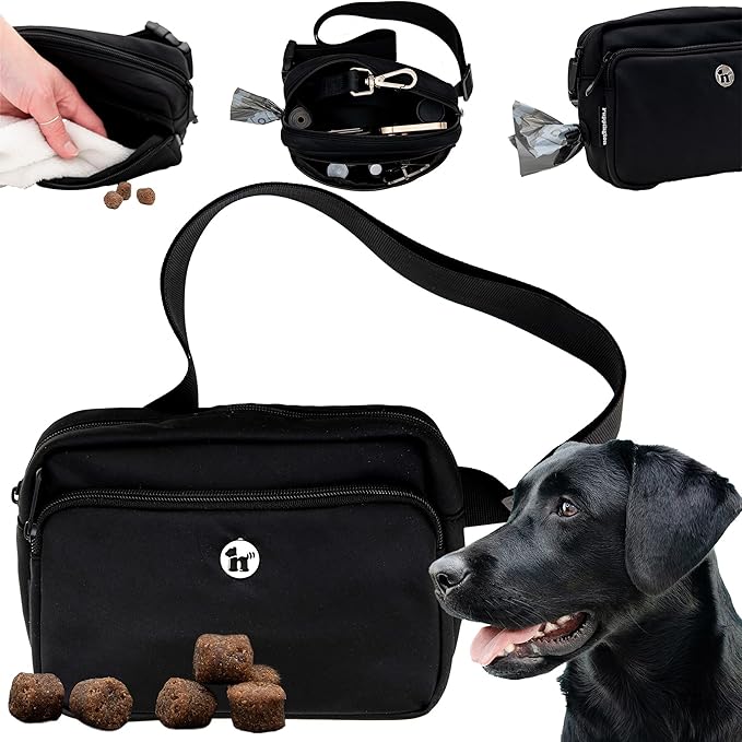 Puppington 3-in-1 Crossbody Dog Walking Bag & Treat Pouch with Matching Planet Safe Poop Bags & Built-In Dispenser - Dog Mom Gift for Puppy Training with Zippered Pockets (Onyx Black)