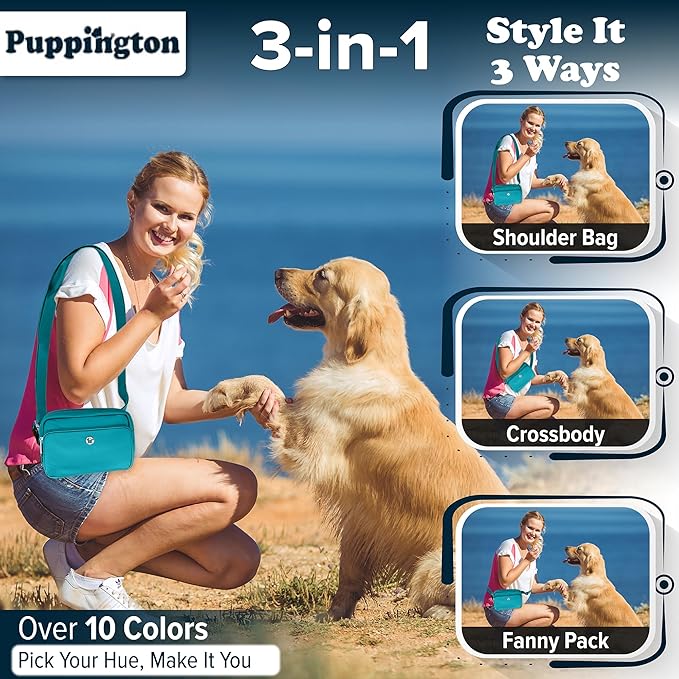 Puppington 3-in-1 Crossbody Dog Walking Bag & Treat Pouch with Matching Planet Safe Poop Bags & Built-In Dispenser - Dog Mom Gift for Puppy Training with Zippered Pockets (Lagoon Teal)