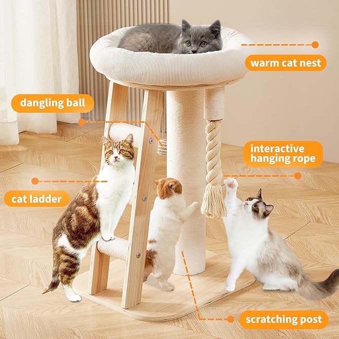 Modern Cat Tree Small Tower with Scratching Post for Indoor, Multifunctional Corner Cat Tree Tower with Bed, Cat Climbing Ladder, Dangling Ball,Interactive Rope,Scratching Post
