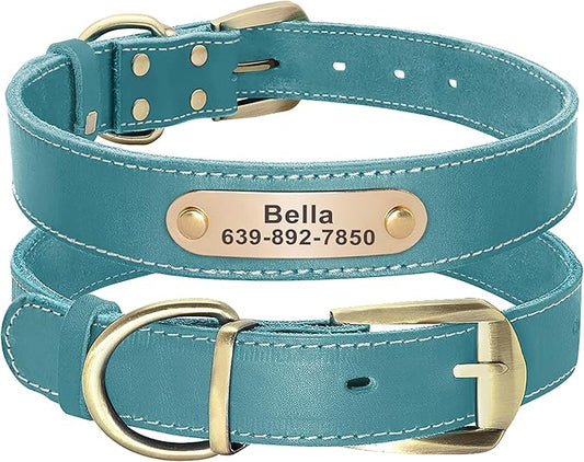 Didog Genuine Leather Dog Collars with Engraved Nameplate, Personalized Soft Leather Dog Collar with Custom ID Tag, Brown/Green/Red for Medium Large Dogs (L,Blue)