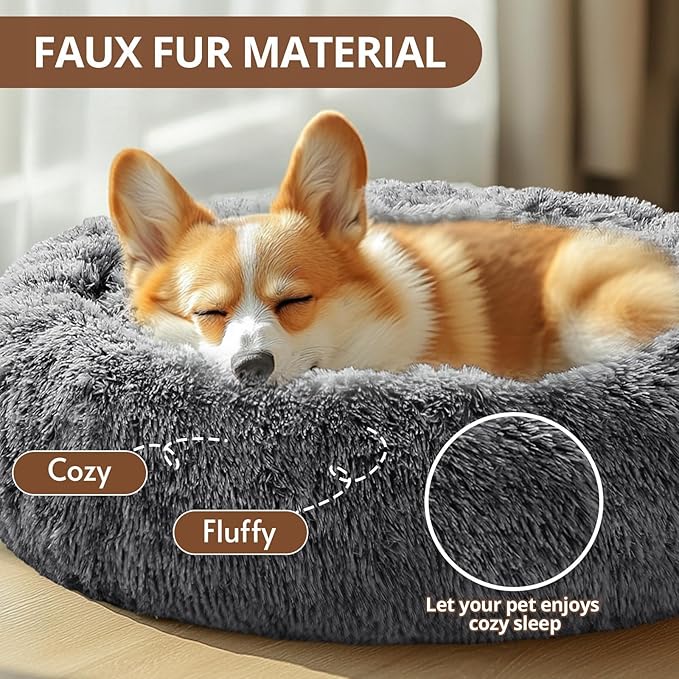 JOLLYVOGUE Medium Calming Dog Bed, Anti-Anxiety Donut Cuddler Cat Bed with Anti-Slip Bottom, Fluffy Faux Fur Machine Washable Pet Cushion for Medium Large Dog & Cat, 31"/Smoke Black