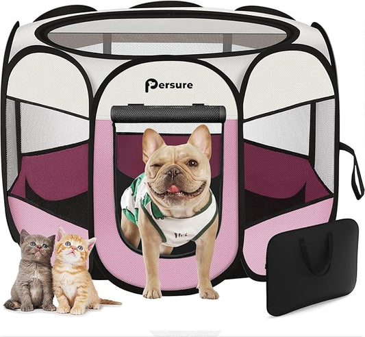 Dog Cat Playpen Indoor Outdoor for Puppy Pet Dogs Cat Travel and Recovery After Surgery, Dogs Enclosure Tent Crates Cage Indoor/Outdoor, Portable Pop Up Dog Kennel with Carrying Case(Pink, Medium)