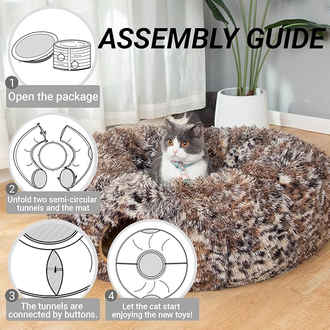 LUCKITTY Warm Fluffy Plush Cat Dog Tunnel Bed with Washable Cushion- Big Tube Playground Toys 3 FT Diameter Collapsible, for Indoor Cat Kitty Kitten Puppy Rabbit Ferret Leopard Print