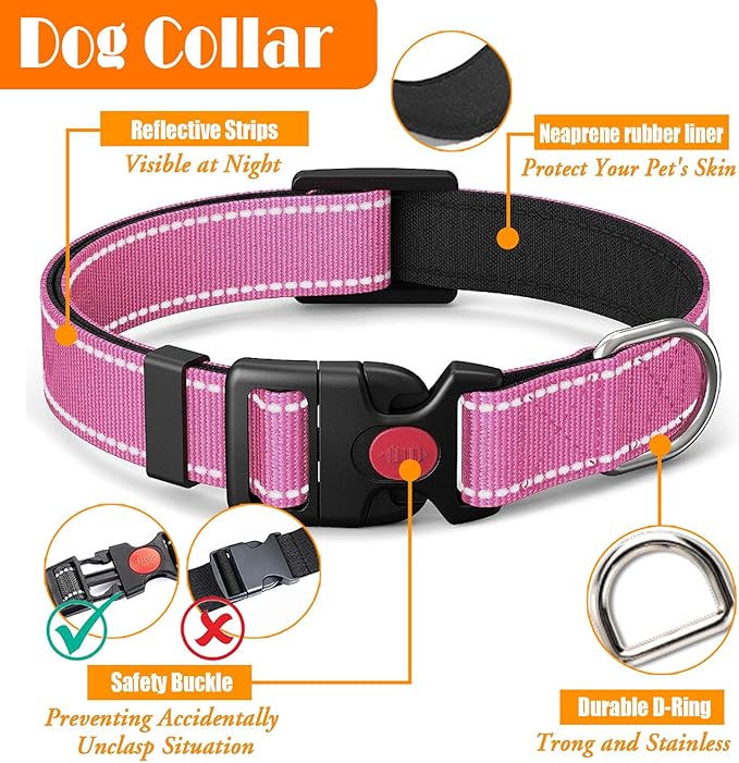 No Pull Dog Harness, Collar & Leash Set | Includes Dog Seat Belt, Collapsible Bowls & Poop Bag Dispenser. Ideal for Training, Walking, Hiking. Fits Small to Large Dogs(Pink-M)