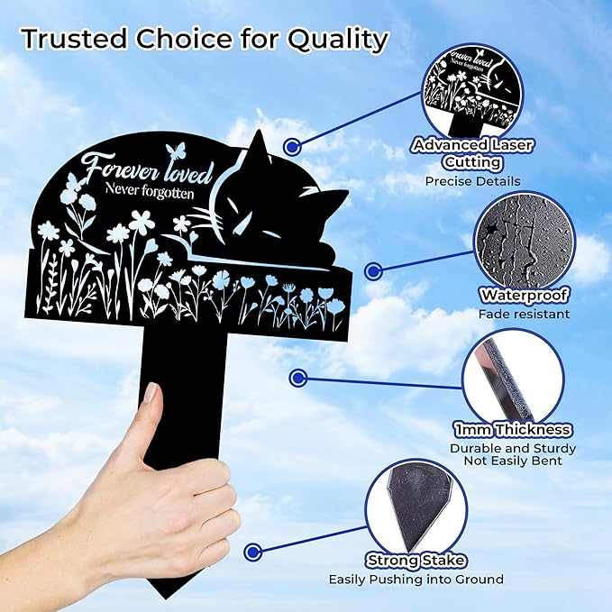 Cat Grave Marker Outdoor Memorial – 12in Metal Pet Memorial Plaque with Garden Sleeping Cat, Weatherproof Headstone for Yard or Indoor Tribute, Sympathy Gift for Loss of Cat
