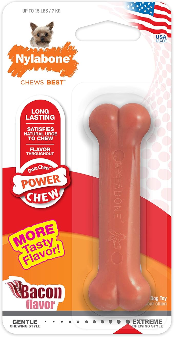 Nylabone Power Chew Classic Bone Chew Toy for Dogs, Durable Dog Toys for Aggressive Chewers, Bacon Flavor, X-Small/Petite - Up to 15 lbs. (1 Count)
