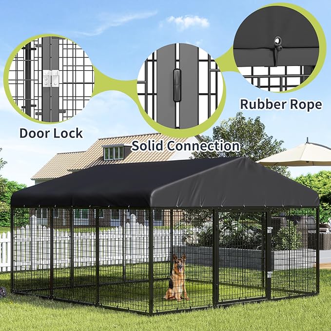 Outdoor Dog Kennel Steel for Medium/Small Dogs Anti-Rust Coating Cage with Roof All Weather Resistant Dog House with Double Locks (118" W x 118" D x 72.5" H)