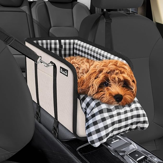 SlowTon Console Dog Car Seat - Portable Dogs Armrest Booster Seat for Small Dog, Anti-Collapse Pet Car Seat with Soft Cushion Safety Belt, Support Pet Up to 11lbs (Beige)