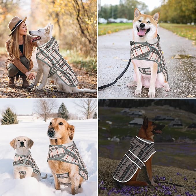 Dog Raincoat for Medium Dogs Waterproof Hooded Rain Jacket with Reflective Strips Leash Hole & Poncho Adjustable Fit (Plaid,M)