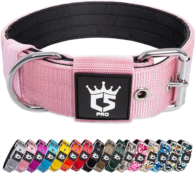 TSPRO Tactical Dog Collar 1.5 Inch Wide Thick Dog Collars with Heavy Duty Metal Buckle, Durable, Strong, Adjustable for Medium to Large Dogs (Pink L)