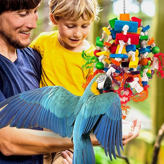 Large Parrot Toy - Multicolored Wooden Blocks Tearing Toys for Birds Suggested for African Grey, Macaw and Amazon Parrots