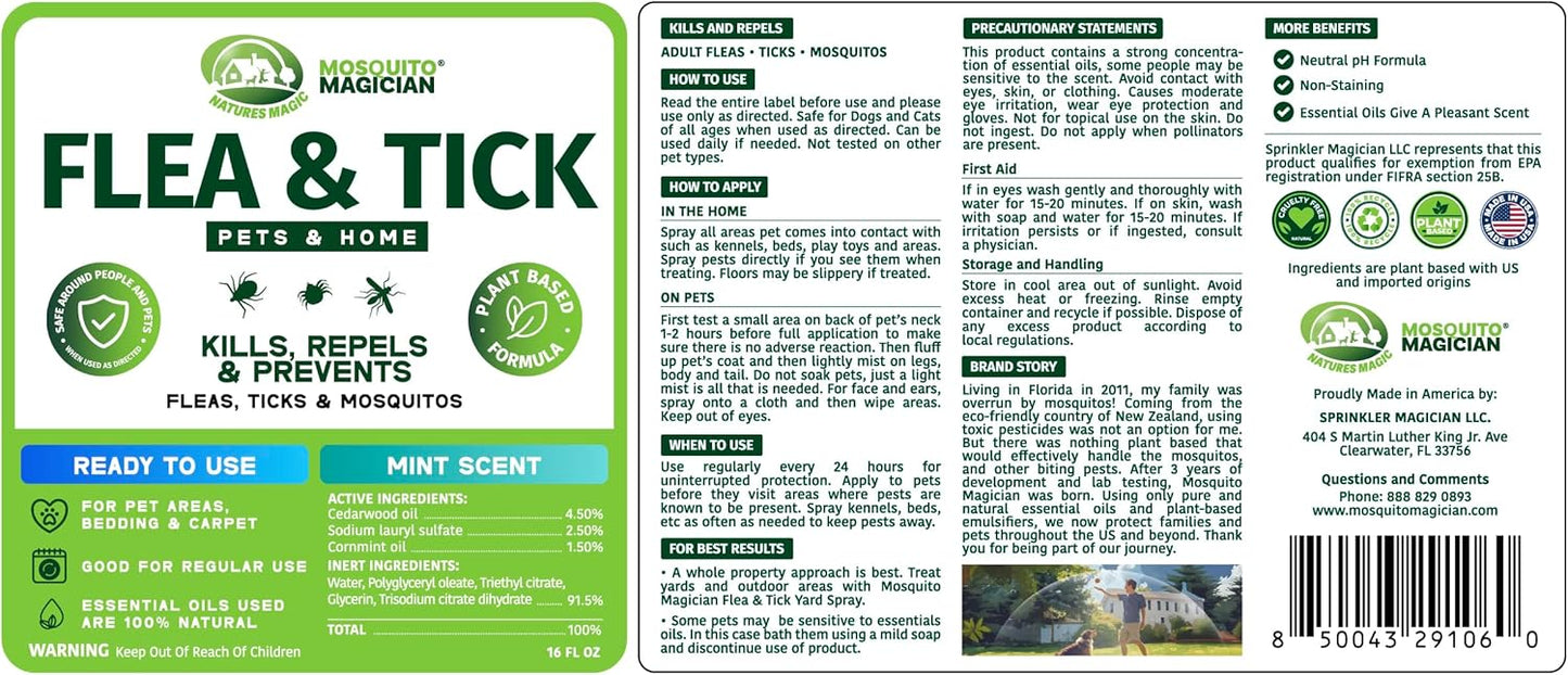 Mosquito Magician Indoor and Outdoor Spray - Use for Carpet, Furniture, Bedding, Couches & Pets – Plant-Sourced with Essential Oil – Mint, 16 OZ