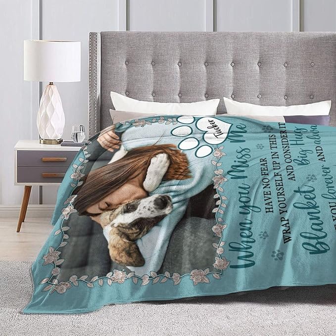 Custom Pet Memorial Blanket with Photo,Personalized Dog/Cat Loss Sympathy Gift,Pet Loss Bereavement Remembrance Gifts,Flannel Throw Blanket with Pictures (Turquoise)