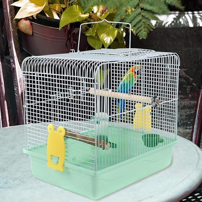 Portable Bird Cage for Small Birds - Green Bird Cage for Travel, Going Out, Walking to The Vet with Station Pole Food Box Water Fountain